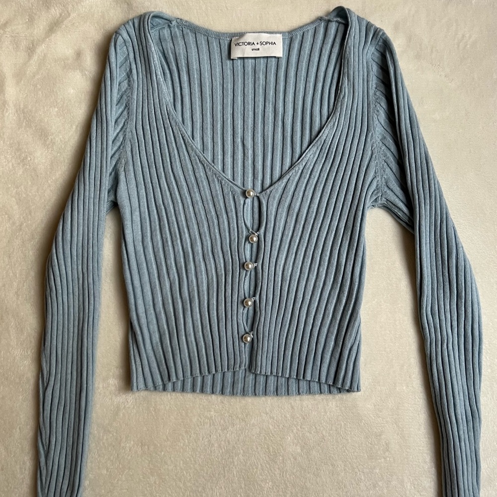Victoria + Sophia Cropped Cardigan Blue Ribbed V-Neck Viscose Blend Size S
